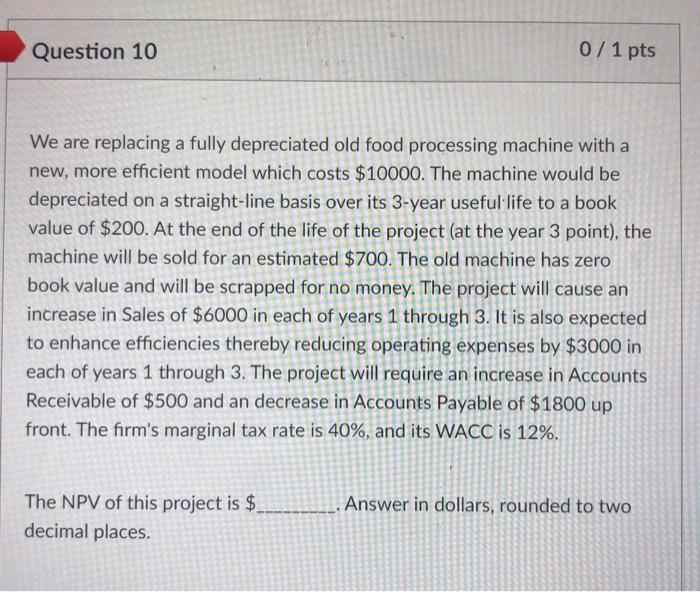  Question 10 0/ 1 pts We are replacing a fully depreciated
