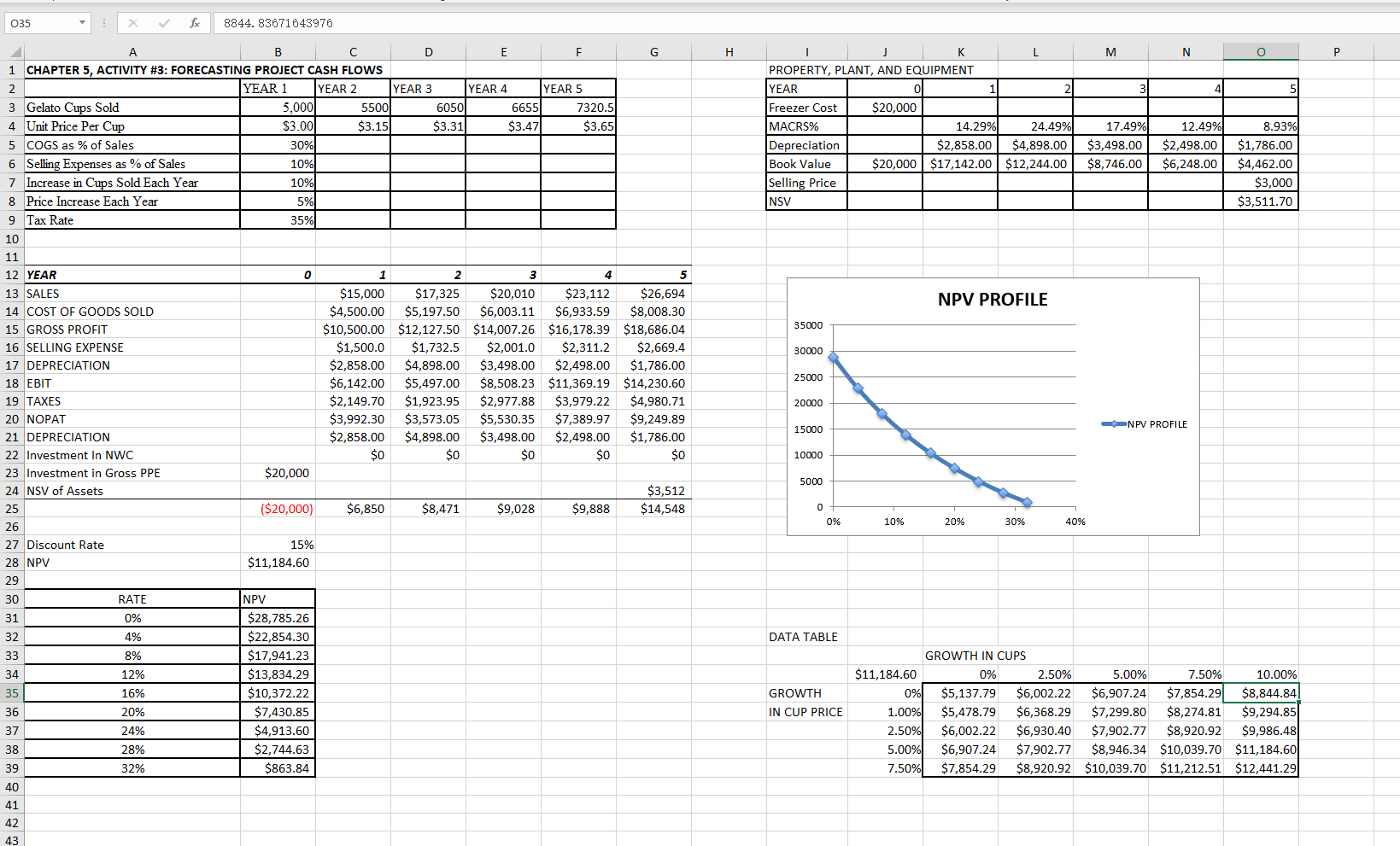 6. Create a two-way data table that measures NPV as a function