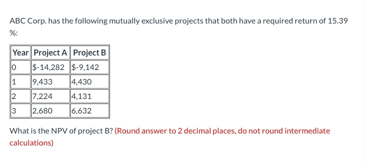 ABC Corp. has the following mutually exclusive projects that both have