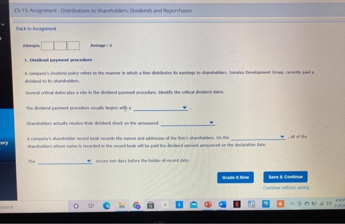  Ch 15. Assignment - Distributions to Shareholders: Dividends and Repurchases Back