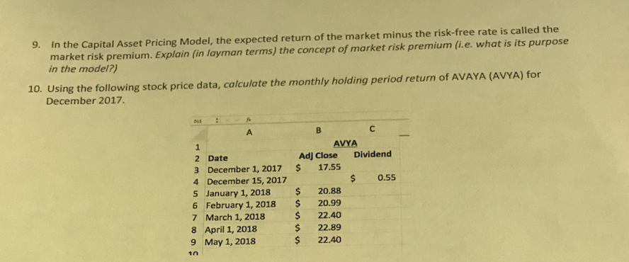 9. In the Capital Asset Pricing Model, the expected return of