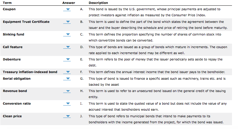  Term Answer Description Coupon A. This bond is issued by the
