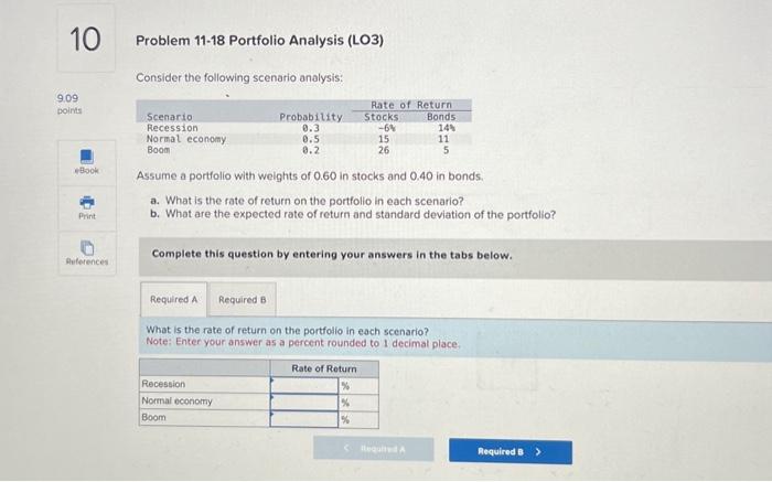  Problem 11-18 Portfolio Analysis (LO3) Consider the following scenario analysis: Assume