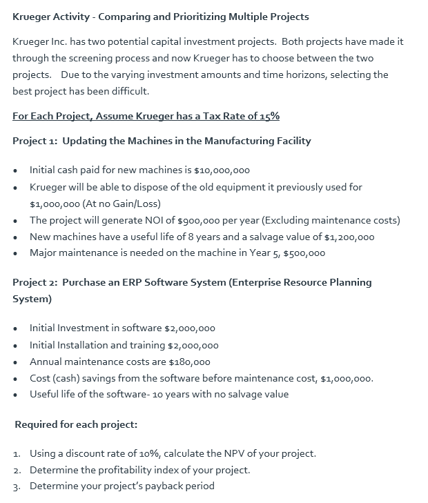 show work. use an excel sheet Krueger Activity - Comparing and