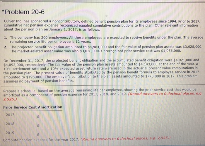  *Problem 20-6 Culver Inc. has sponsored a noncontributory, defined benefit pension