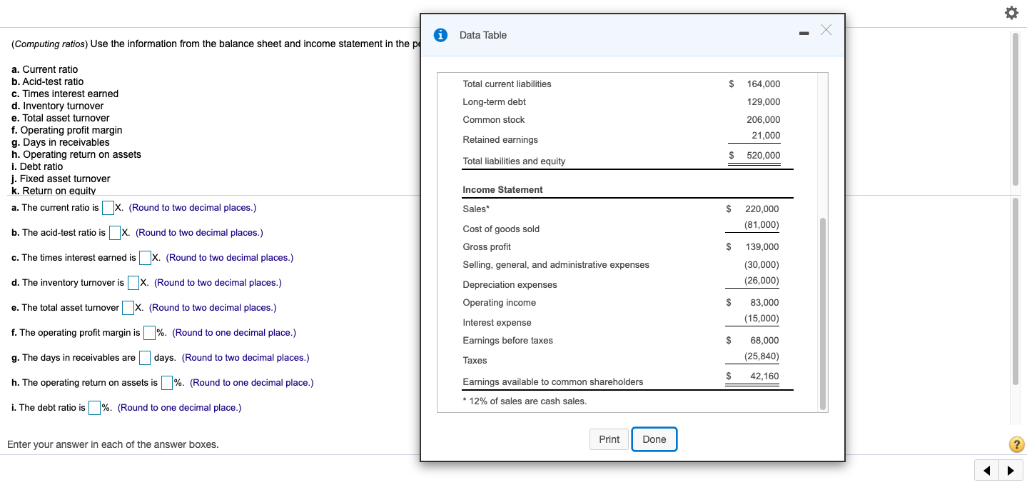  Data Table (Computing ratios) Use the information from the balance sheet