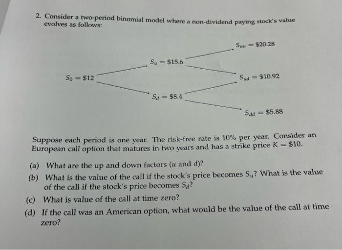  2. Consider a two-period binomial model where a non-dividend paying stock's
