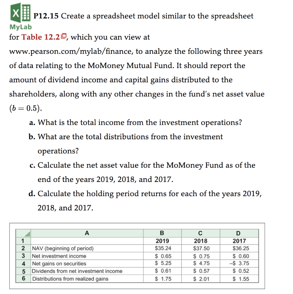 X P12.15 Create a spreadsheet model similar to the spreadsheet MyLab