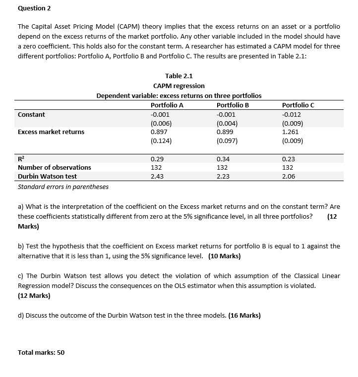  Question 2 The Capital Asset Pricing Model (CAPM) theory implies that