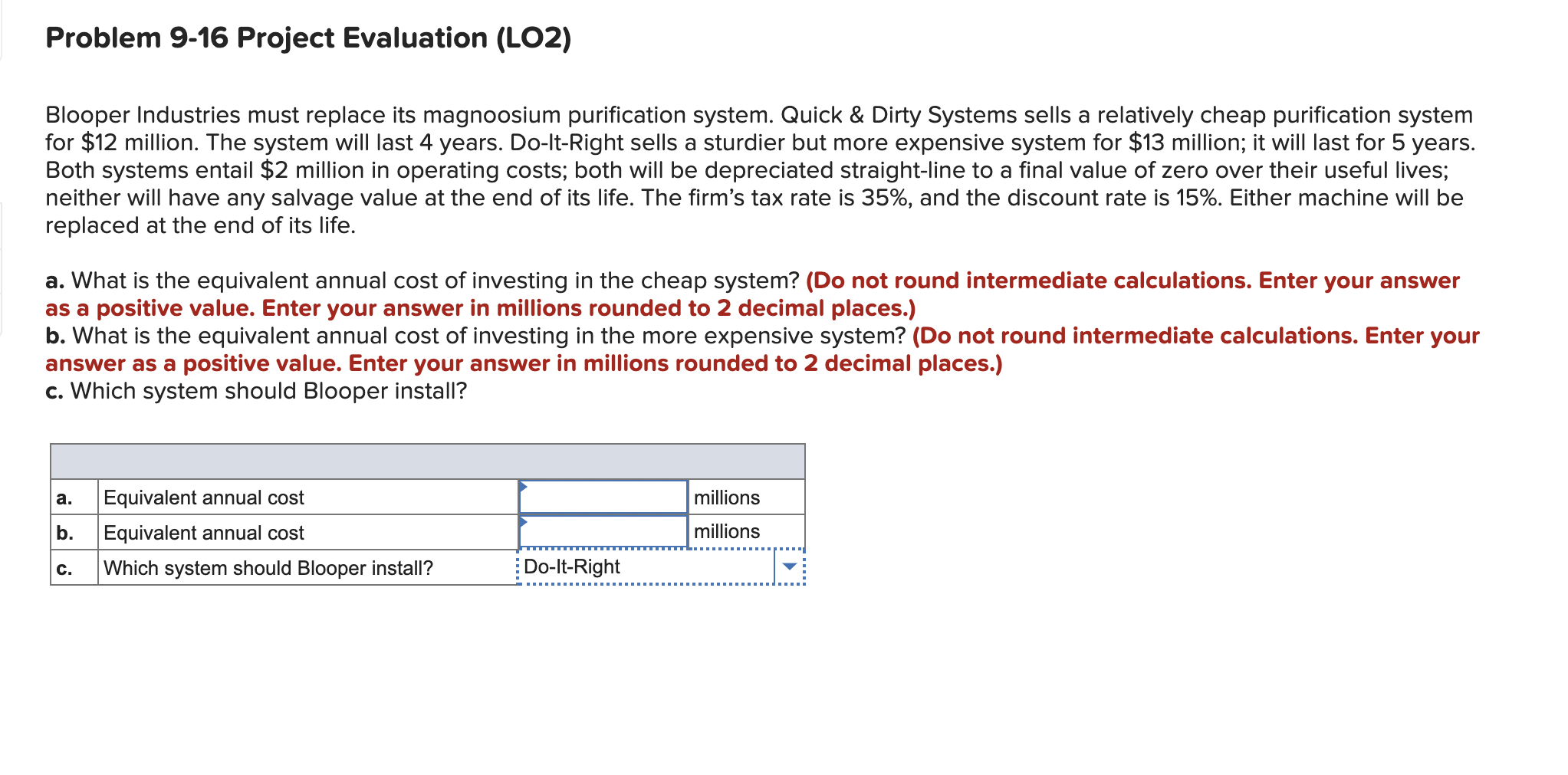  Problem 9-16 Project Evaluation (LO2) Blooper Industries must replace its magnoosium