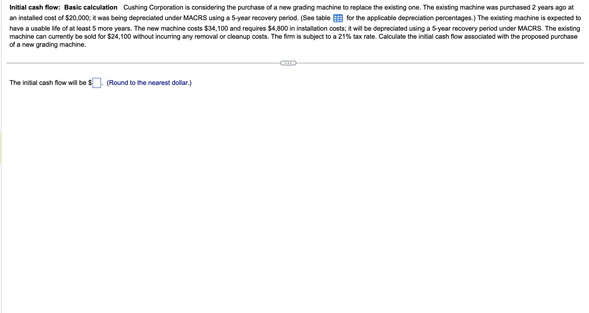 Please, Help Me, Thanks. Initial cash flow: Basic calculation Cushing Corporation is
