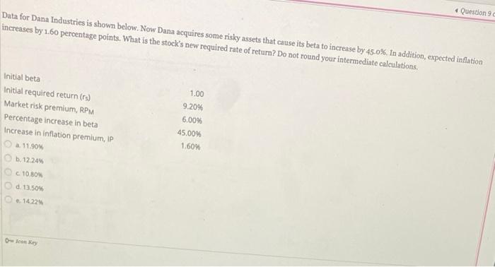  Question 9 Data for Dana Industries is shown below. Now Dana