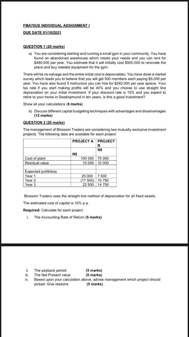  FMATOUS INDIVIDUAL ASSIGNMENT I DUE DATE 01/10/2021 QUESTION 1 (20 marks)