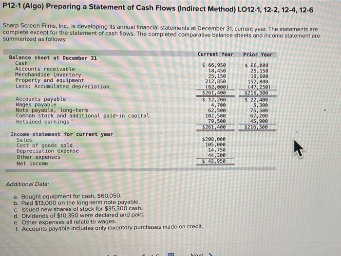  P12-1 (Algo) Preparing a Statement of Cash Flows (Indirect Method) LO12-1,