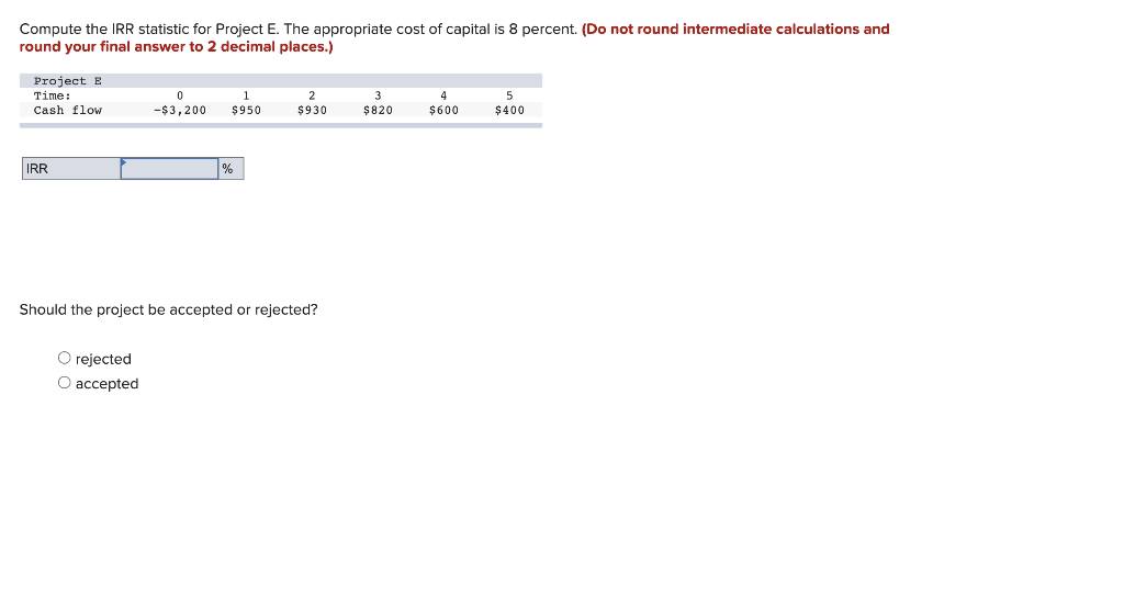  Compute the IRR statistic for Project E. The appropriate cost of