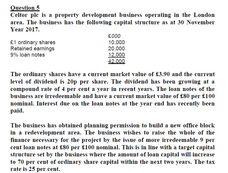  Question 5 Celtor plc is a property development business operating in