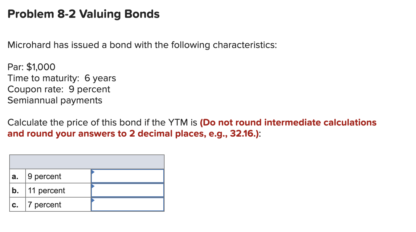 Problem 8-2 Valuing Bonds Microhard has issued a bond with the