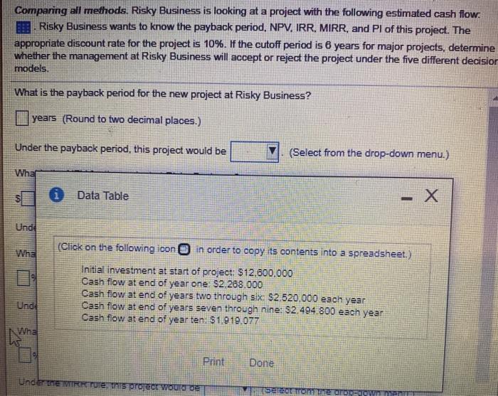 the following estimated cash flow. . Risky Business wants to know the
