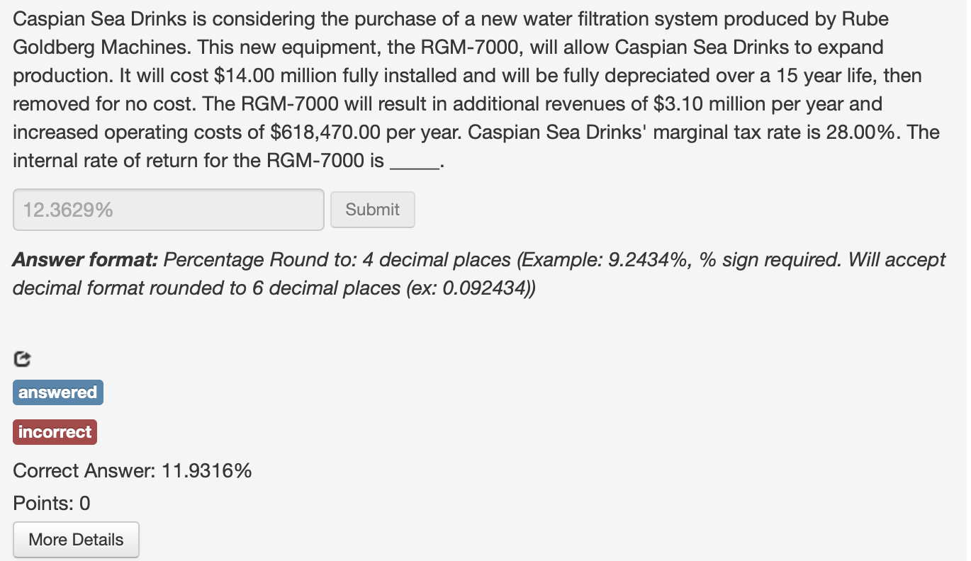 the correct answer is 11.9316% please show all steps to how that