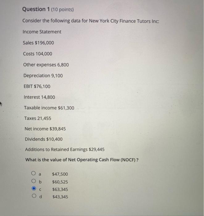  Question 1 (10 points) Consider the following data for New York
