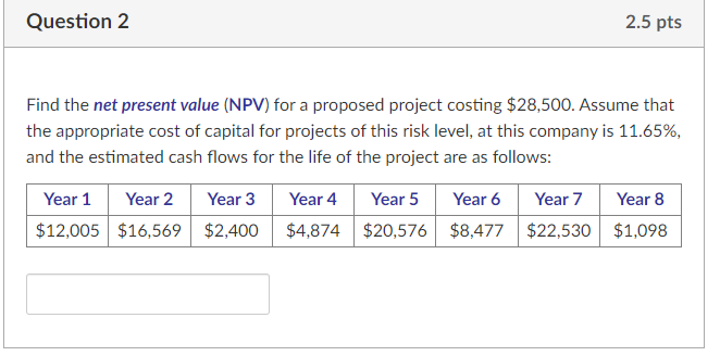  Question 2 2.5 pts Find the net present value (NPV) for