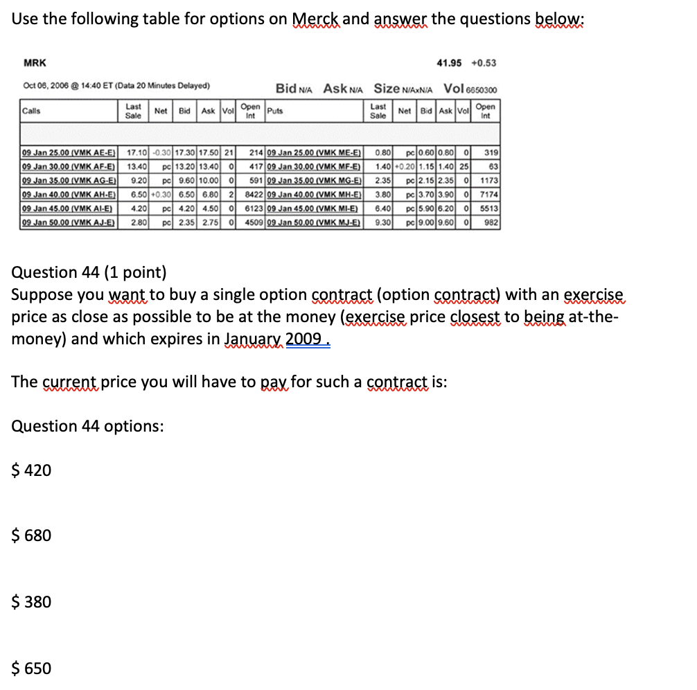 Use the following table for options on Merck and answer the