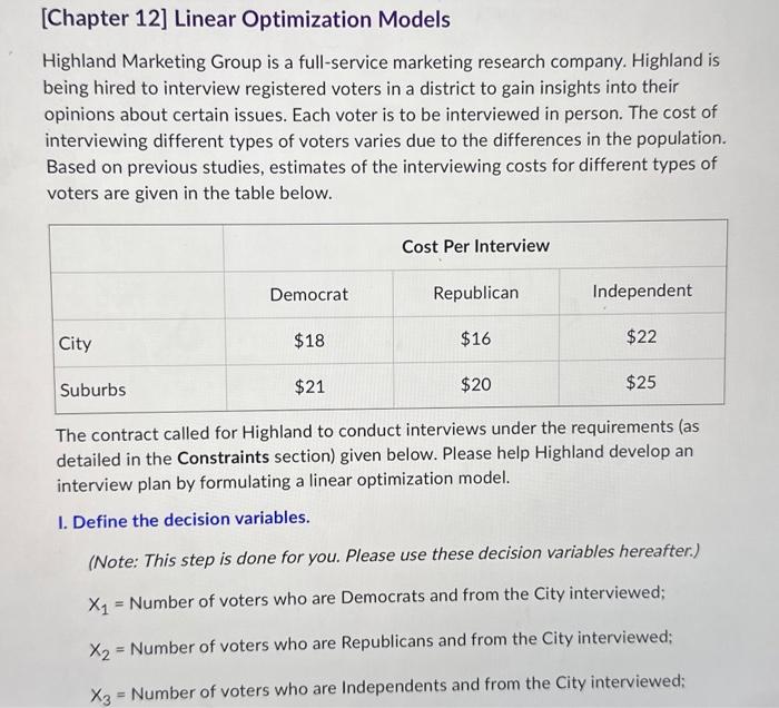  [Chapter 12] Linear Optimization Models Highland Marketing Group is a full-service