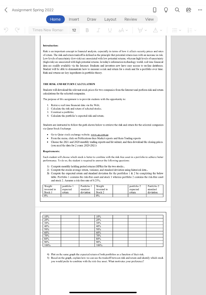 < Assignment Spring 2022 Home Insert Draw Layout Review View Times New