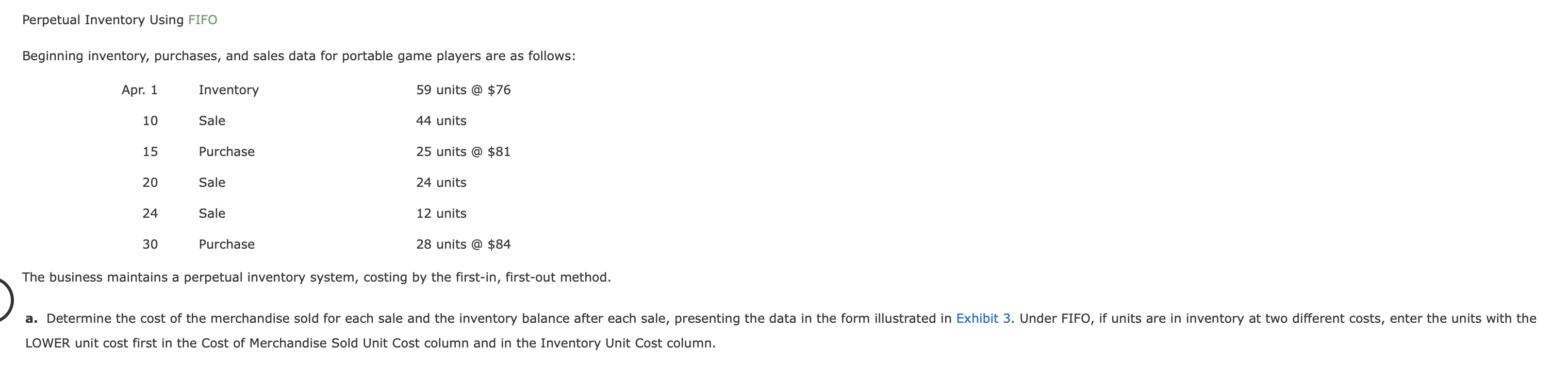  Perpetual Inventory Using FIFO Beginning inventory, purchases, and sales data for