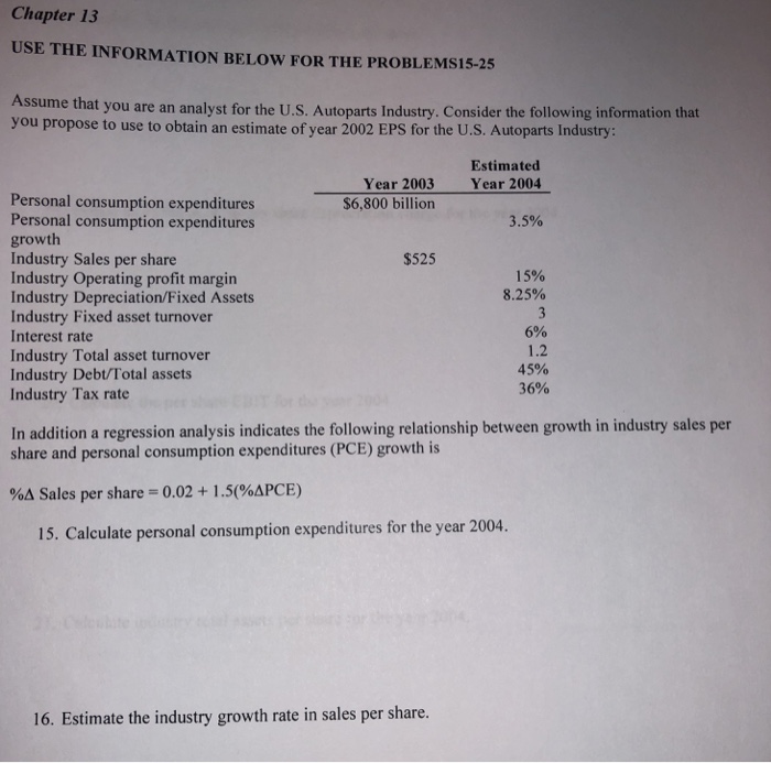  Chapter 13 USE THE INFORMATION BELOW FOR THE PROBLEMS15-25 ume that