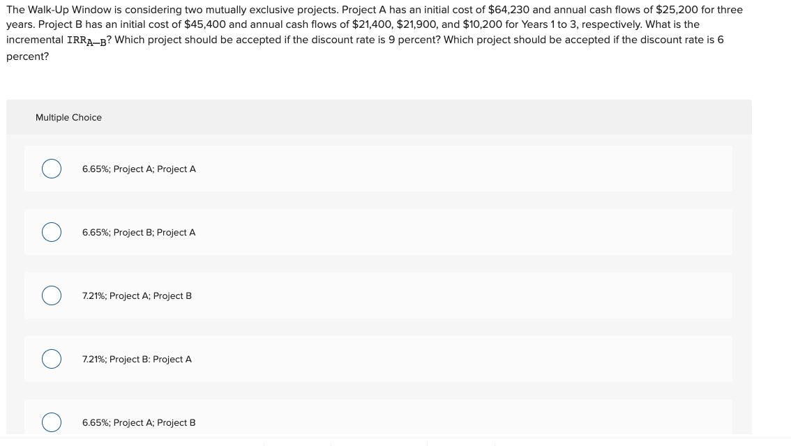  The Walk-Up Window is considering two mutually exclusive projects. Project A