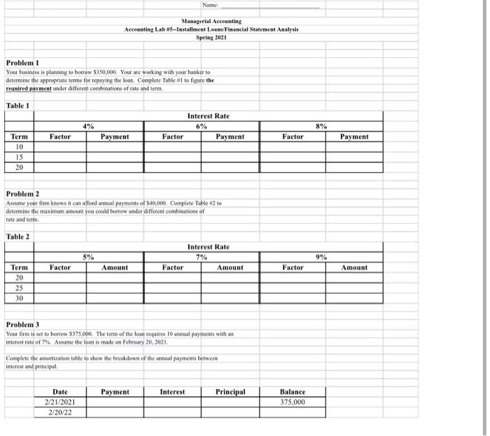 terms for repaying the loan. Complete table #1 to figure the required