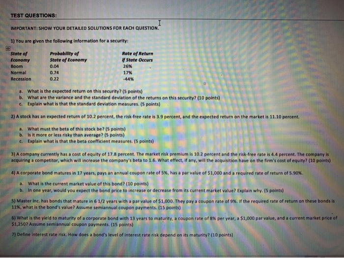  you are given the following information for a security state of