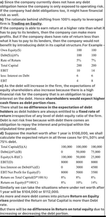 e and f. I. Capital Structure Decisions Consider an all-equity financed company