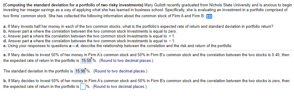 (Computing the standard deviation for a portfolio of two risky investments)