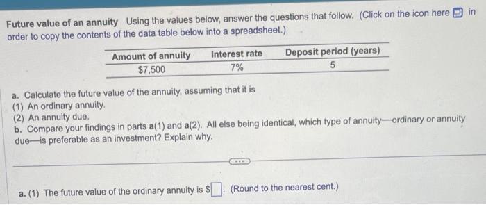  Future value of an annuity Using the values below, answer the