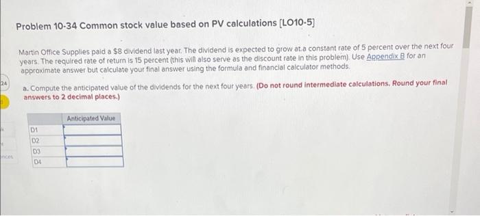  Problem 10-34 Common stock value based on PV calculations (L010-5) Martin