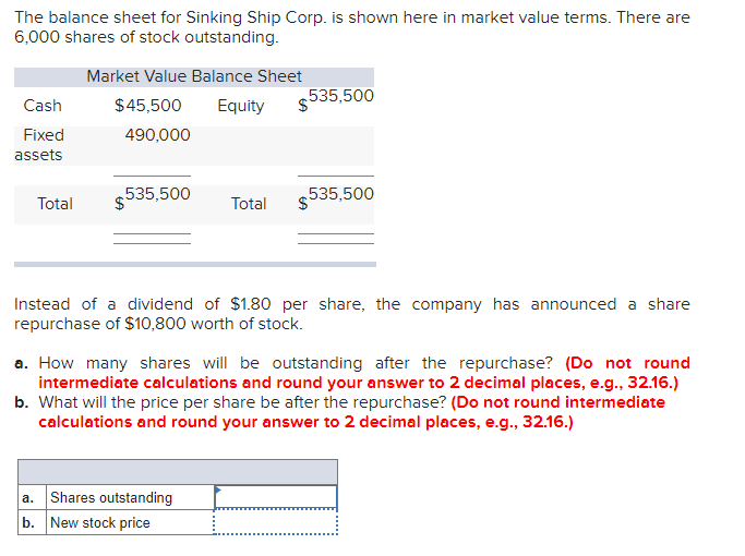  The balance sheet for Sinking Ship Corp. is shown here in