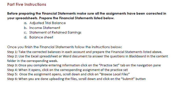 Part 5 please Part Five Instructions Before preparing the Financial Statements make