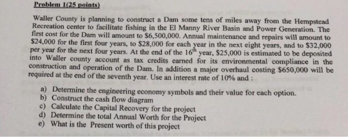  Problem 125 points) Waller County is planning to construct a Dam