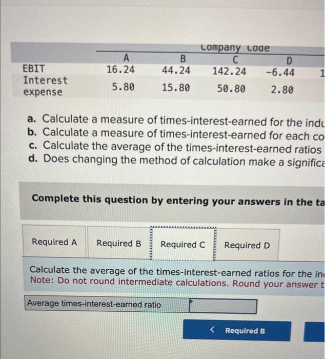 measure of times-interest-earned for each company. c. Calculate the average of the