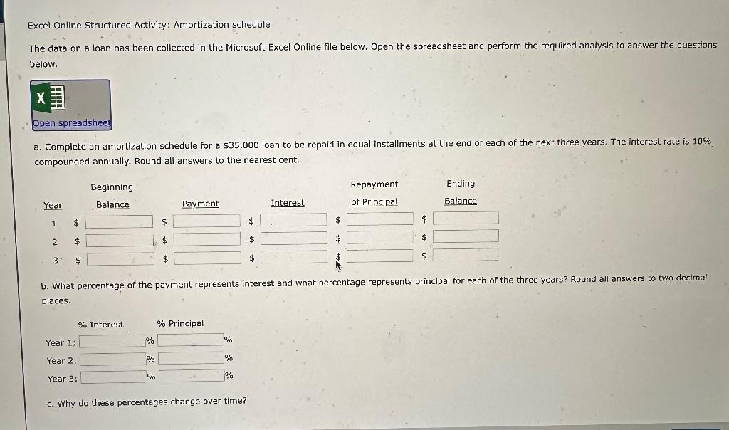 Excel Online Structured Activity: Amortization schedule The data on a loan