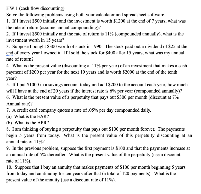  HW 1 (cash flow discounting) Solve the following problems using both