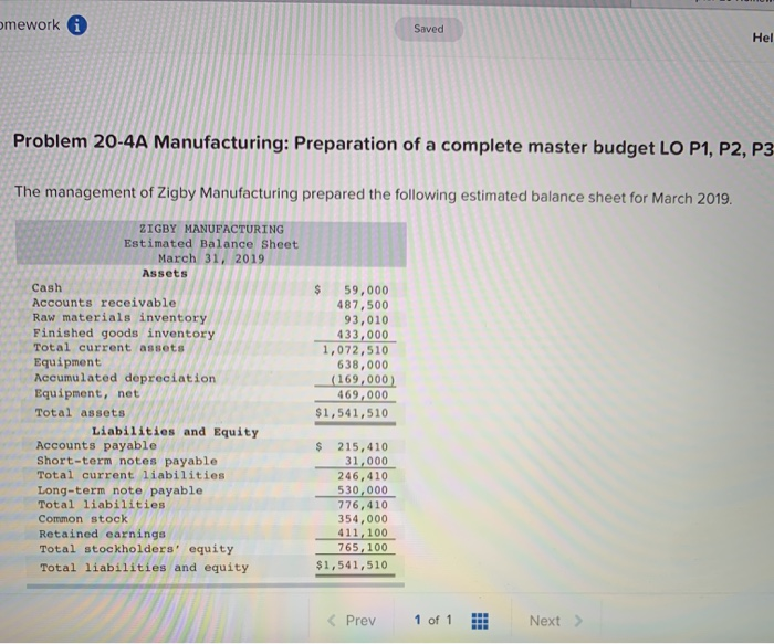  mework i Hel Problem 20-4A Manufacturing: Preparation of a complete master