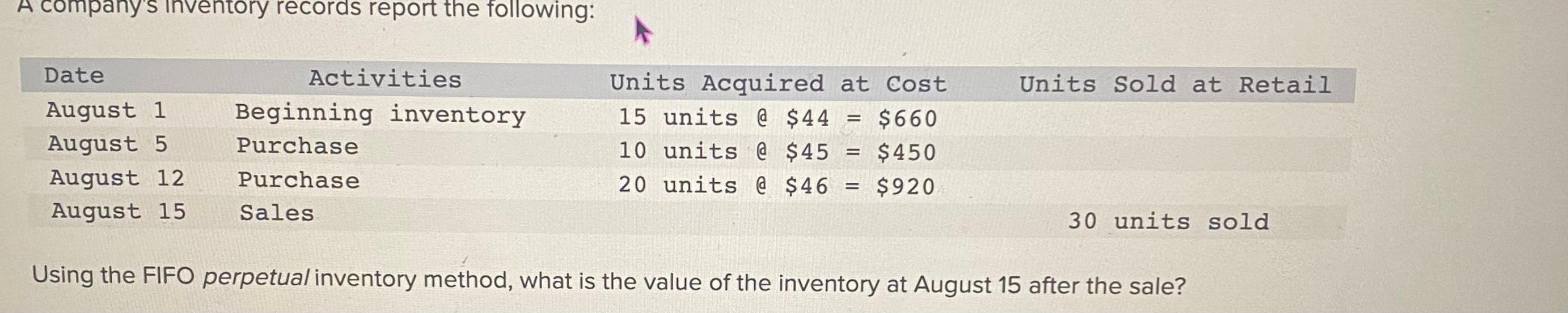  Using the FIFO perpetual inventory method, what is the value of