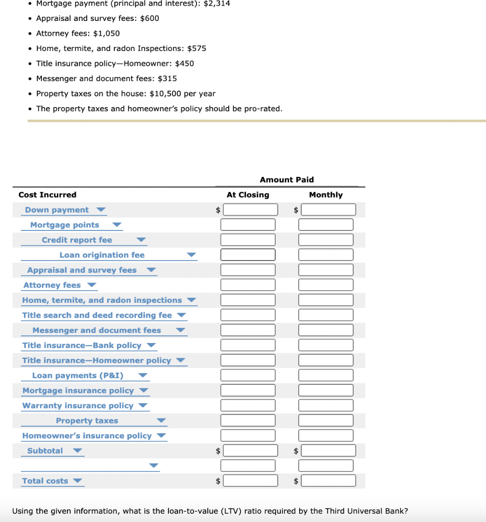 points, loan origination fee Drop-down down option three: credit report fee, appraisal
