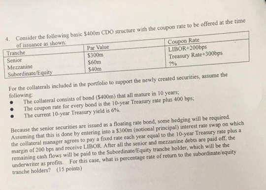 4. Consider the following basic $400m CDO structure with the coupon