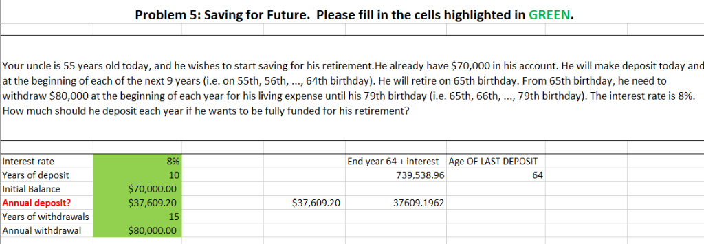 Problem 5: Saving for Future. Please fill in the cells highlighted