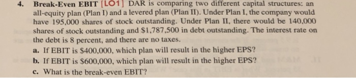  4. Break-Even EBIT LO1] DAR is comparing two different capital structures:
