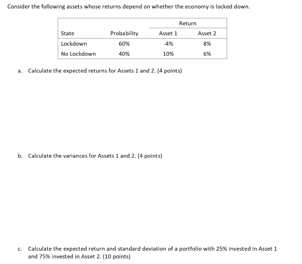  Consider the following assets whose returns depend on whether the economy